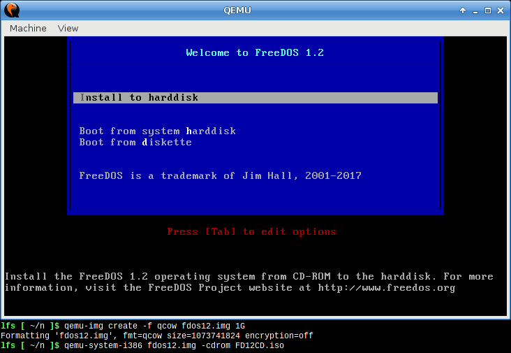 Qemu running FreeDOS 1.2 installer